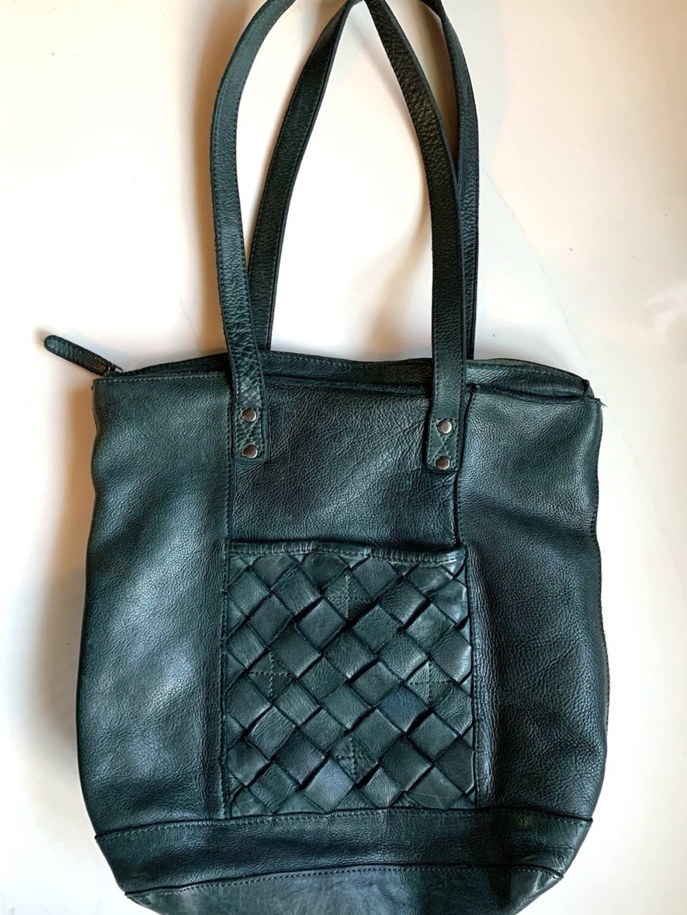 VILENCA HOLLAND Teal Green Genuine Leather Woven Tote Shoulder Bag Purse